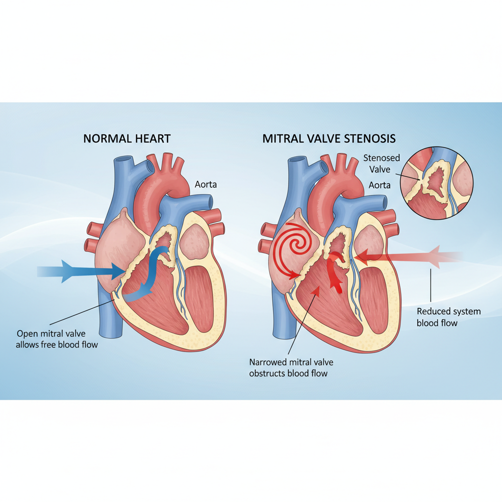 Hình ảnh minh họa quá trình hẹp van hai lá và tác động của nó đến lưu thông máu.