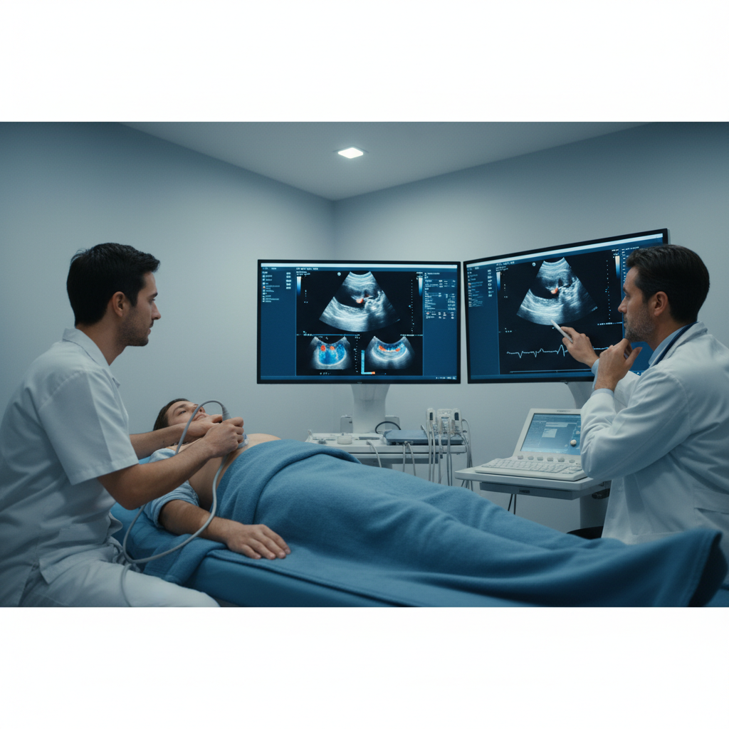Bệnh nhân đang thực hiện siêu âm tim, bác sĩ phân tích hình ảnh tim trên màn hình.