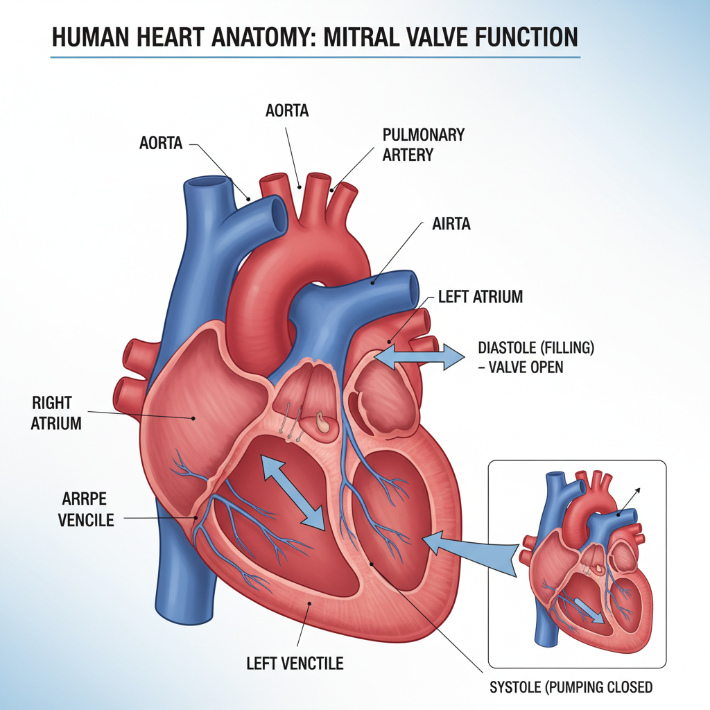 Sơ đồ cấu trúc tim với sự chú ý đến van 2 lá và chức năng của nó.