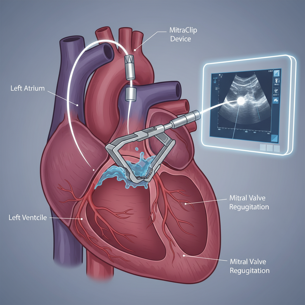 Minh họa thiết bị MitraClip đang được sử dụng trong một thủ thuật xâm lấn tối thiểu để điều trị hở van 2 lá.