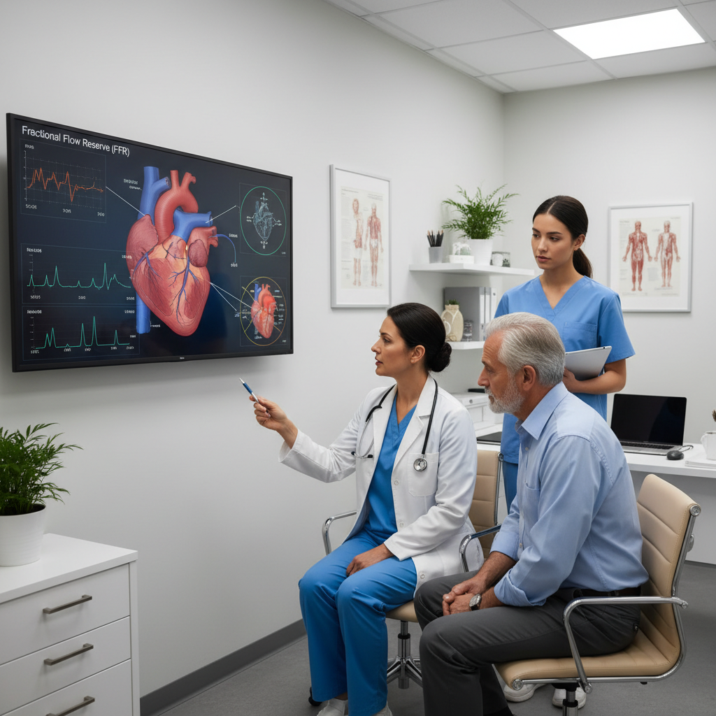 Bác sĩ giải thích quy trình đo phân suất dự trữ mạch vành cho bệnh nhân tại phòng khám.