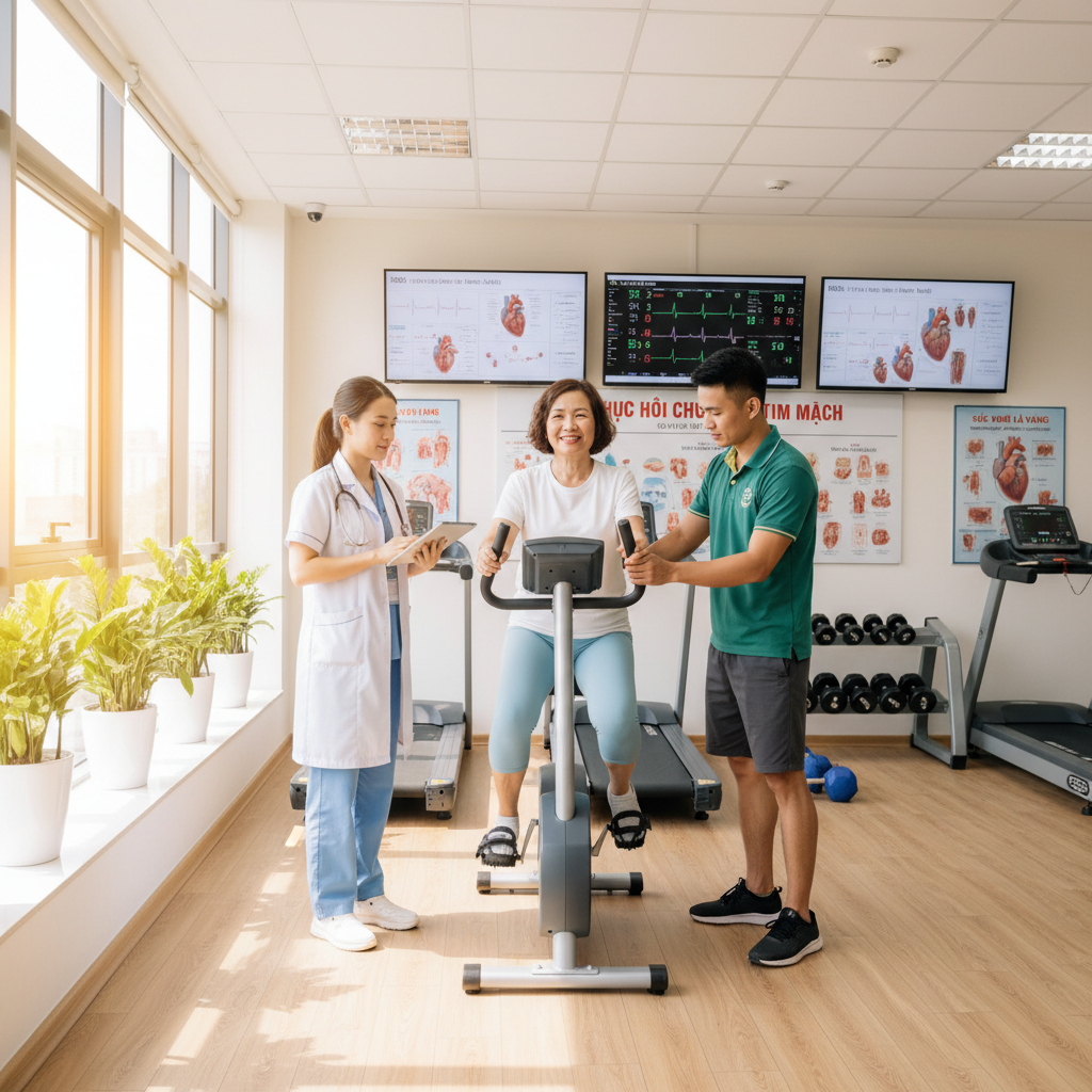 Bệnh nhân người lớn tham gia phục hồi chức năng tim ở phòng khám tại TPHCM, nhân viên y tế giám sát tập đạp xe tĩnh.