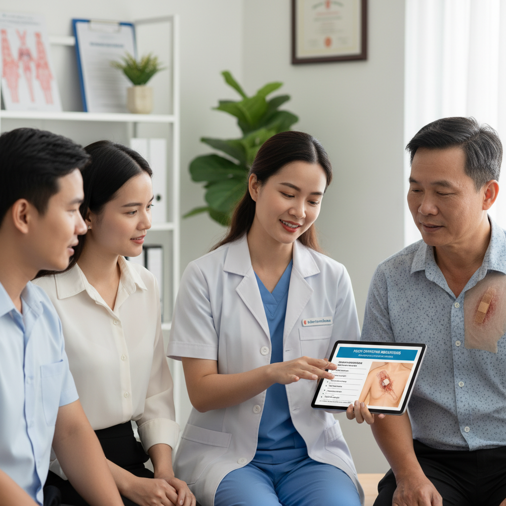 Bác sĩ tim mạch tư vấn chăm sóc hậu phẫu cho bệnh nhân và gia đình, minh họa hướng dẫn chăm sóc vết mổ và uống thuốc.