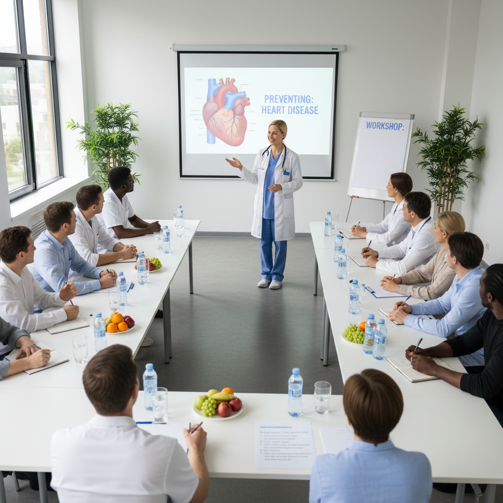 Một chuyên gia y tế giải thích sức khỏe tim mạch cho một nhóm người lớn trong một buổi hội thảo về thay đổi lối sống để phòng ngừa bệnh tim.