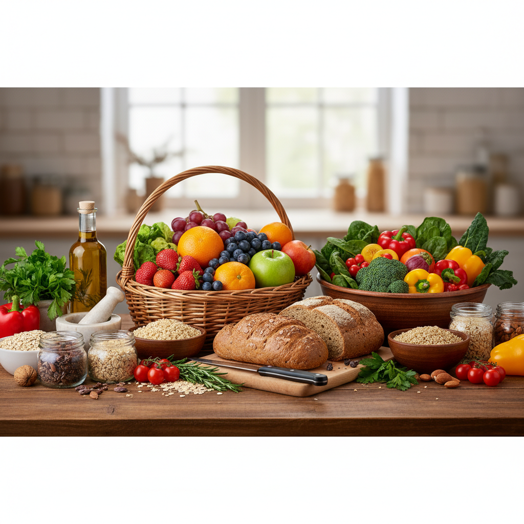 Các lựa chọn thực phẩm lành mạnh như rau quả và ngũ cốc nguyên hạt được sắp xếp trên bàn để quảng bá thói quen ăn uống tốt cho tim.