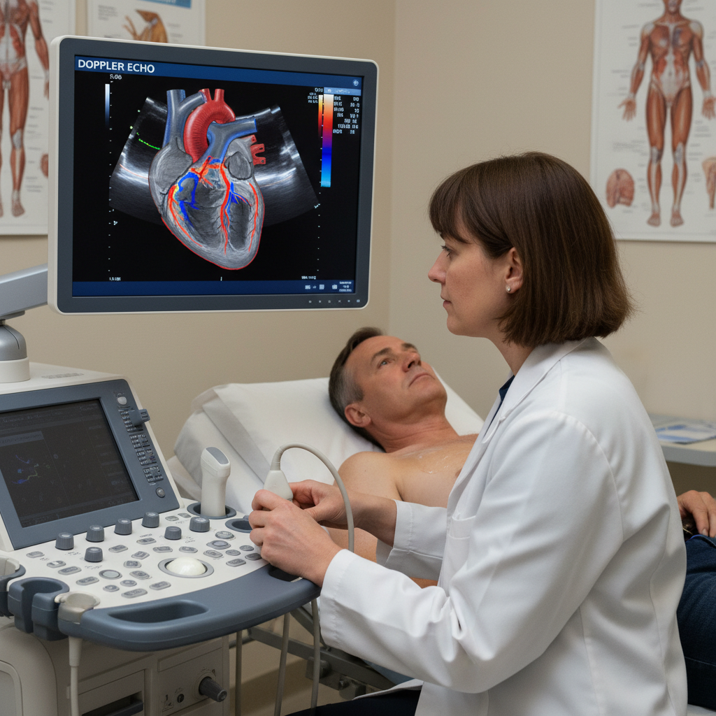 Bác sĩ thực hiện siêu âm tim Doppler cho bệnh nhân.