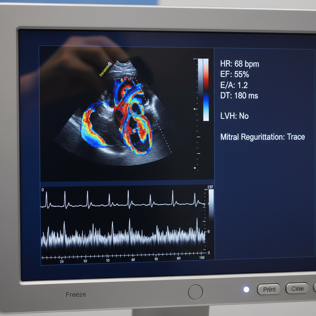 Hình ảnh từ màn hình siêu âm tim Doppler thể hiện các chỉ số và hình ảnh của tim.