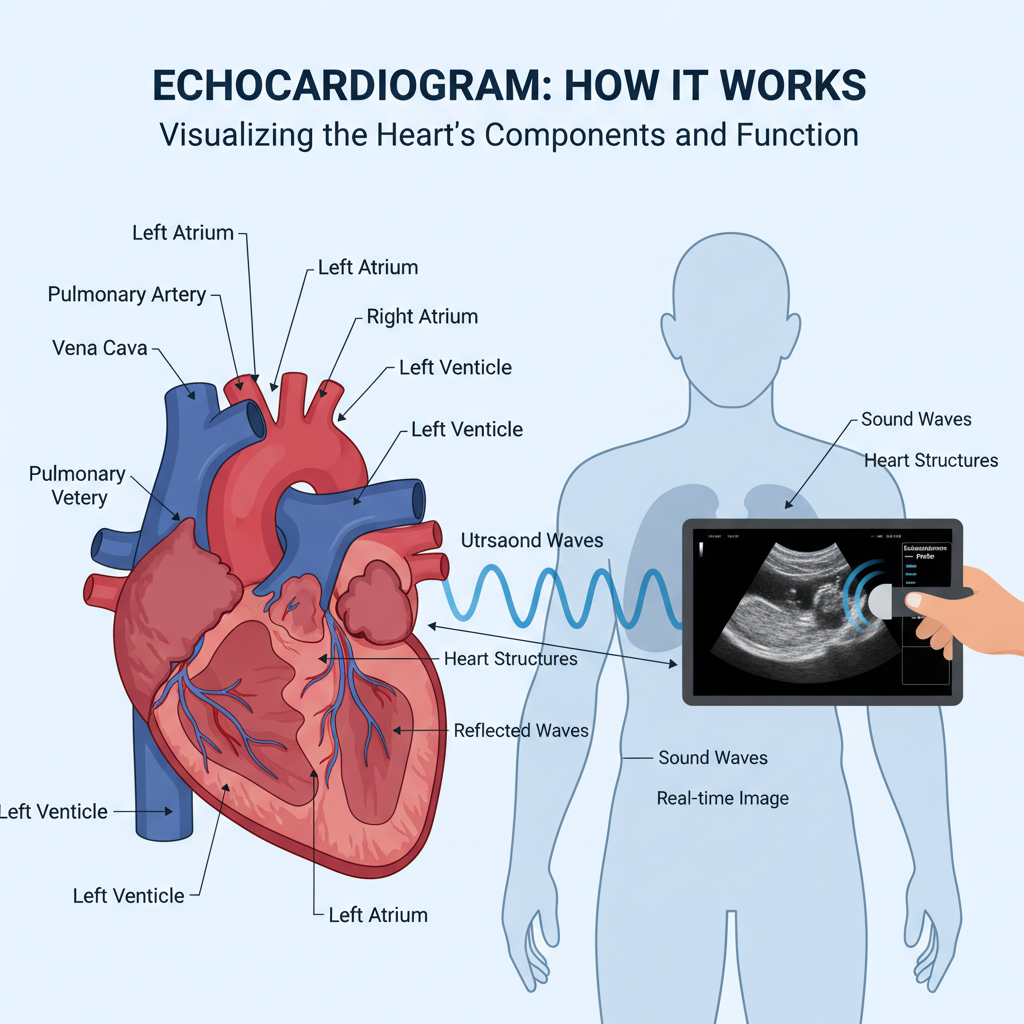 Sơ đồ mô tả các thành phần của tim và cách siêu âm tim hoạt động