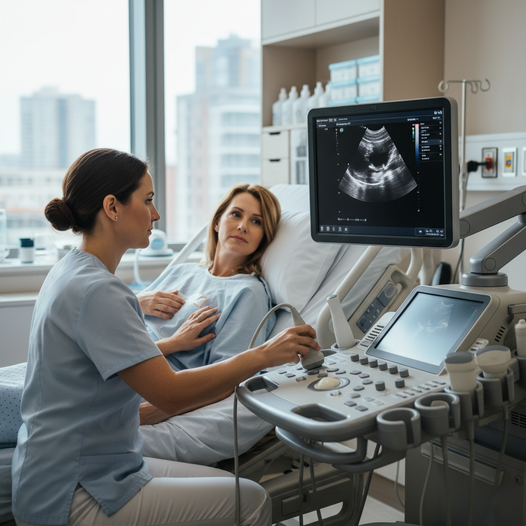 Bệnh nhân được thực hiện siêu âm tim tại phòng bệnh viện
