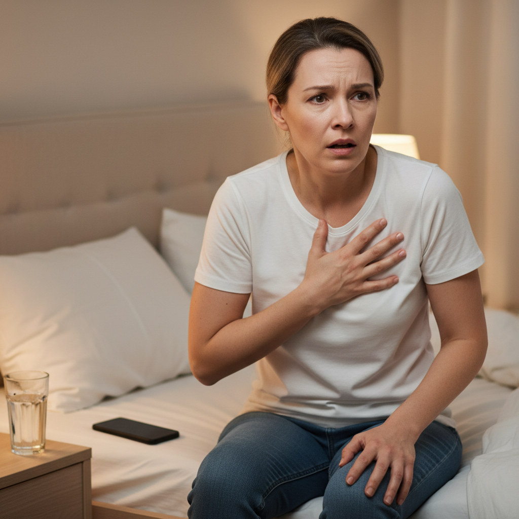 Một người thể hiện triệu chứng đau ngực và khó thở, có vẻ lo lắng