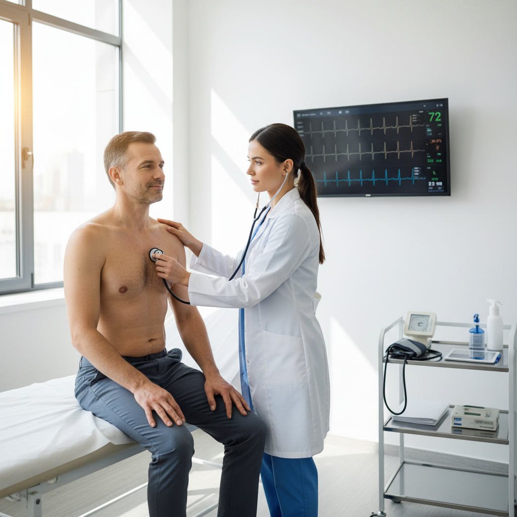 Hình ảnh khám sức khỏe, bác sĩ đang kiểm tra sức khỏe tim của bệnh nhân