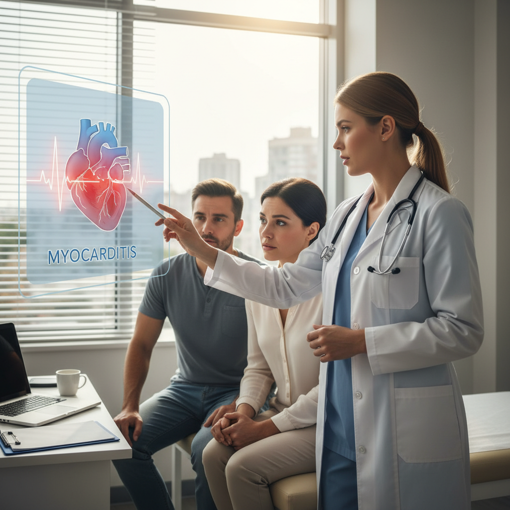 Bác sĩ giải thích về viêm cơ tim cho bệnh nhân tại phòng khám.
