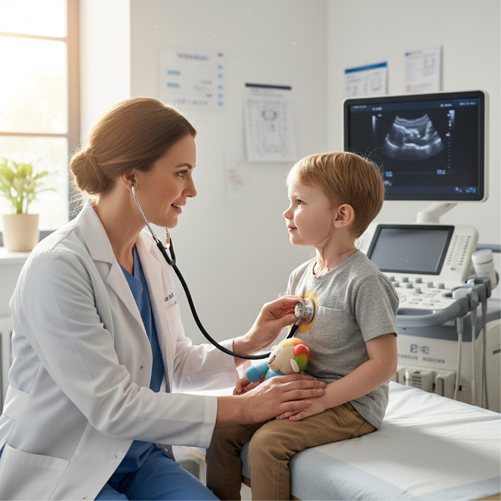 Một trẻ em mắc bệnh cơ tim phì đại đang được bác sĩ thăm khám tim