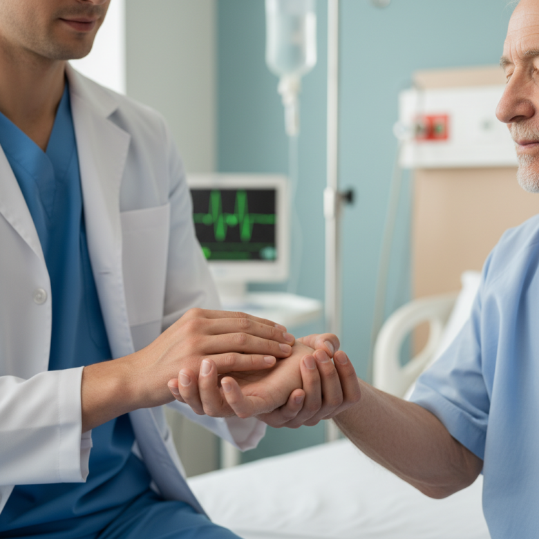 Một bệnh nhân đang được thực hiện liệu pháp châm cứu hoặc bắt mạch thư giãn trong không gian y tế sạch sẽ, hiện đại, tạo cảm giác an tâm và phục hồi.