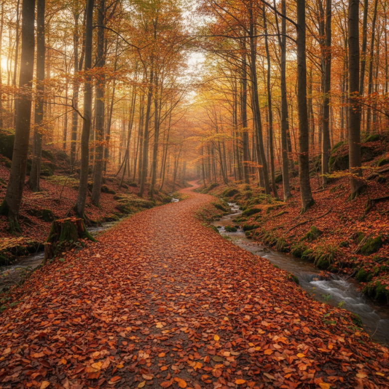 Forest path blanketed with red and orange autumn leaves illuminated by sunlight