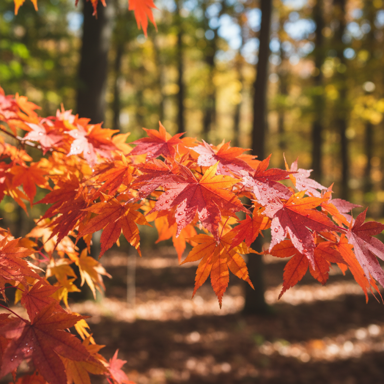 Maple leaves showcasing vivid autumn colors with soft focus trees behind