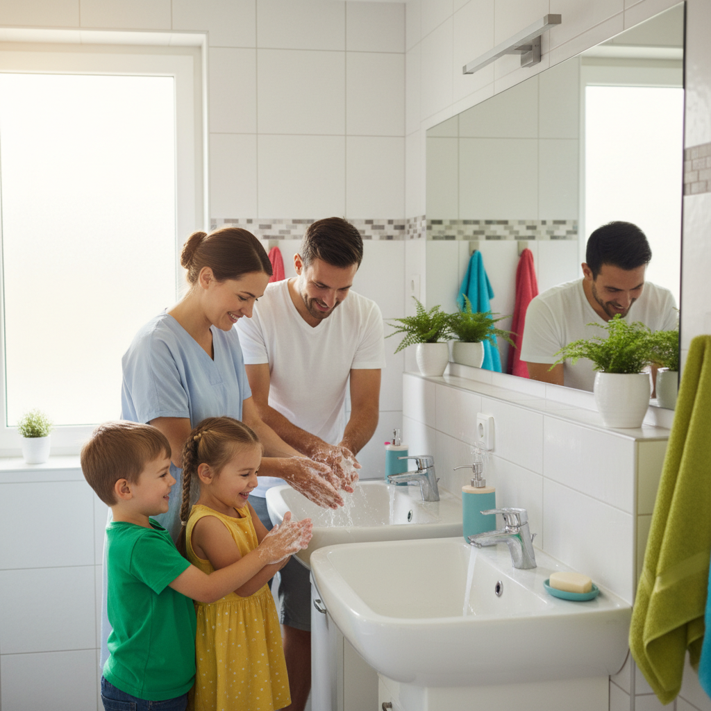 Gia đình Việt Nam vui vẻ rửa tay cùng nhau để phòng ngừa bệnh tật.
