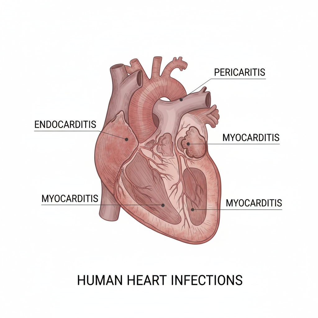 Hình minh họa về nhiễm trùng tim với các bộ phận bị ảnh hưởng