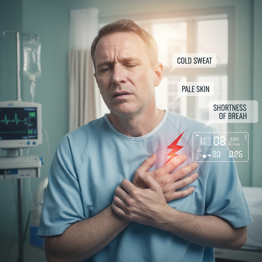 Hình ảnh một người ôm ngực với biểu hiện lo lắng, thể hiện triệu chứng của sốc tim
