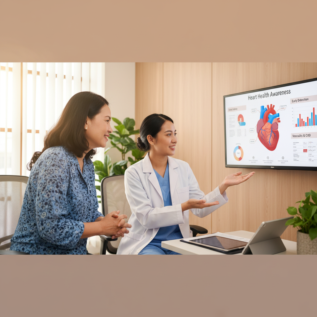 Hình ảnh một người Việt Nam trung niên đang tư vấn với bác sĩ về sức khỏe tim mạch và kiểm tra định kỳ.