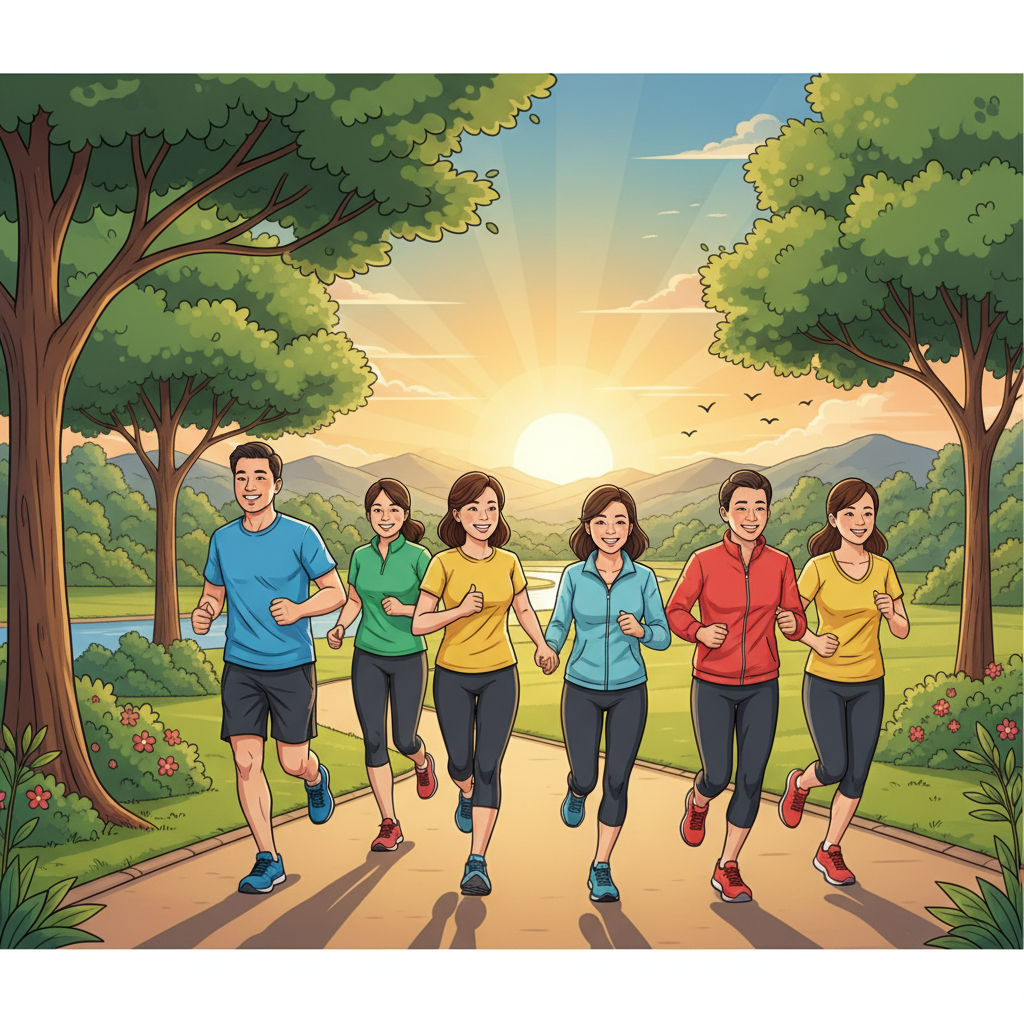 Nhóm người lớn Việt Nam chạy bộ vui vẻ trong công viên lúc bình minh, thể hiện sức khỏe và năng lượng tích cực.