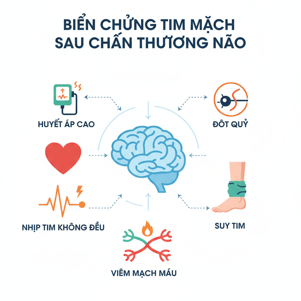 Hình minh họa các biến chứng tim mạch thường gặp sau chấn thương sọ não