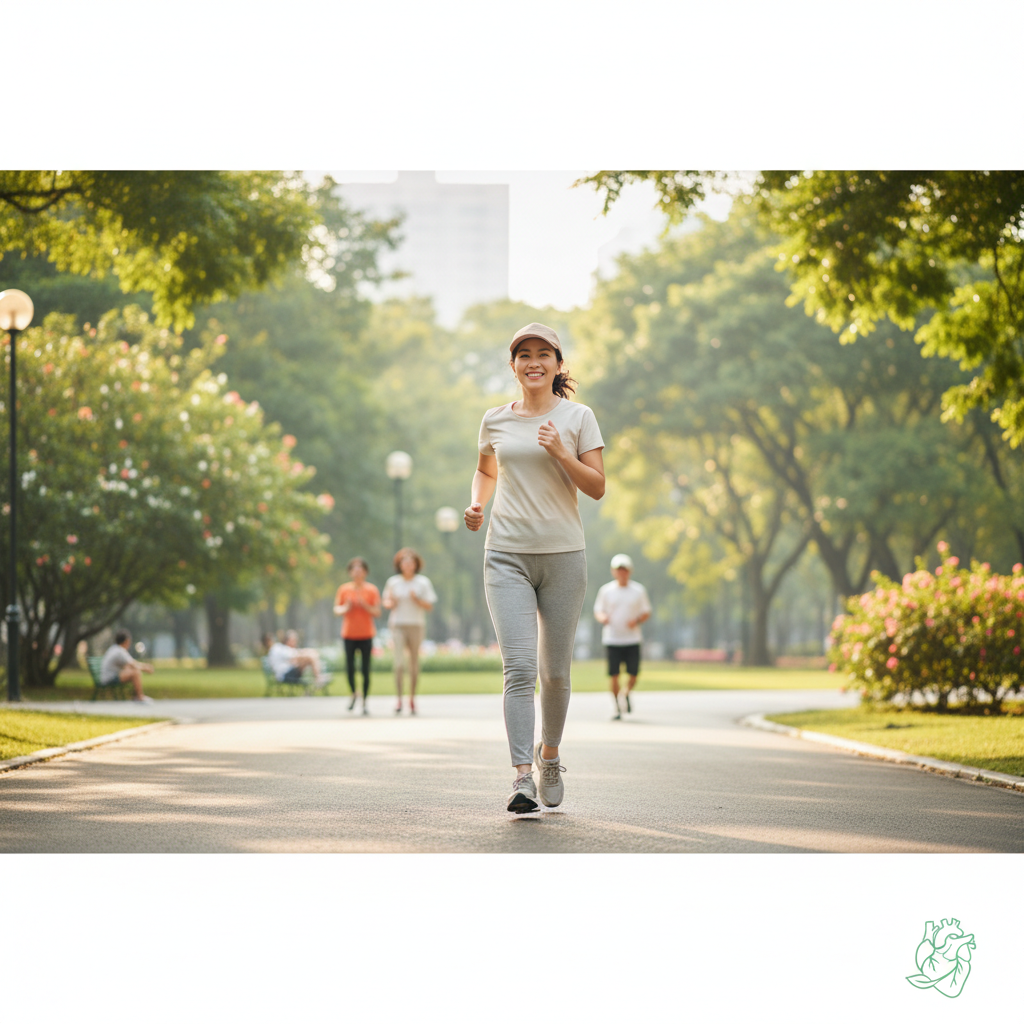Hình ảnh người Việt trung niên chạy bộ trong công viên, thể hiện lối sống lành mạnh để phòng ngừa bệnh tim mạch