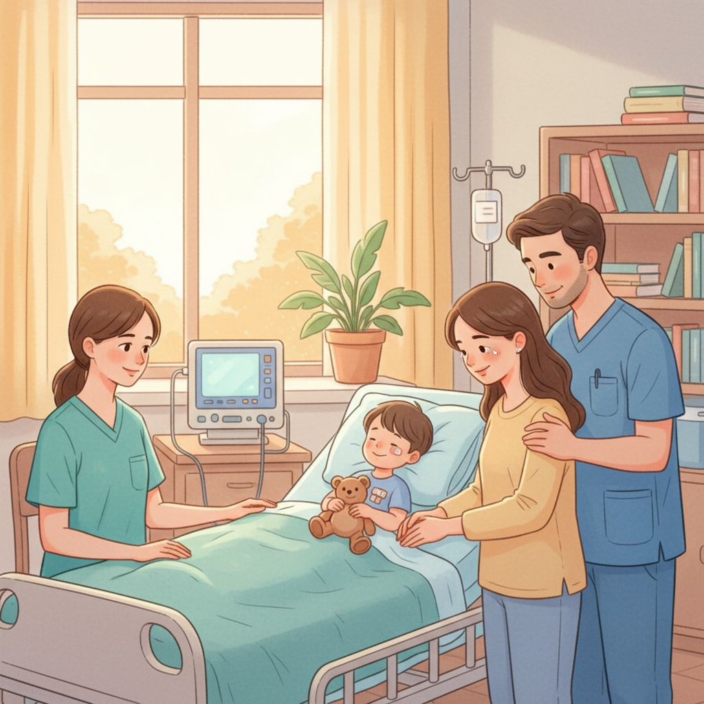 Hình ảnh minh họa trẻ em phục hồi sau phẫu thuật tim hở với sự chăm sóc của gia đình và y bác sĩ.