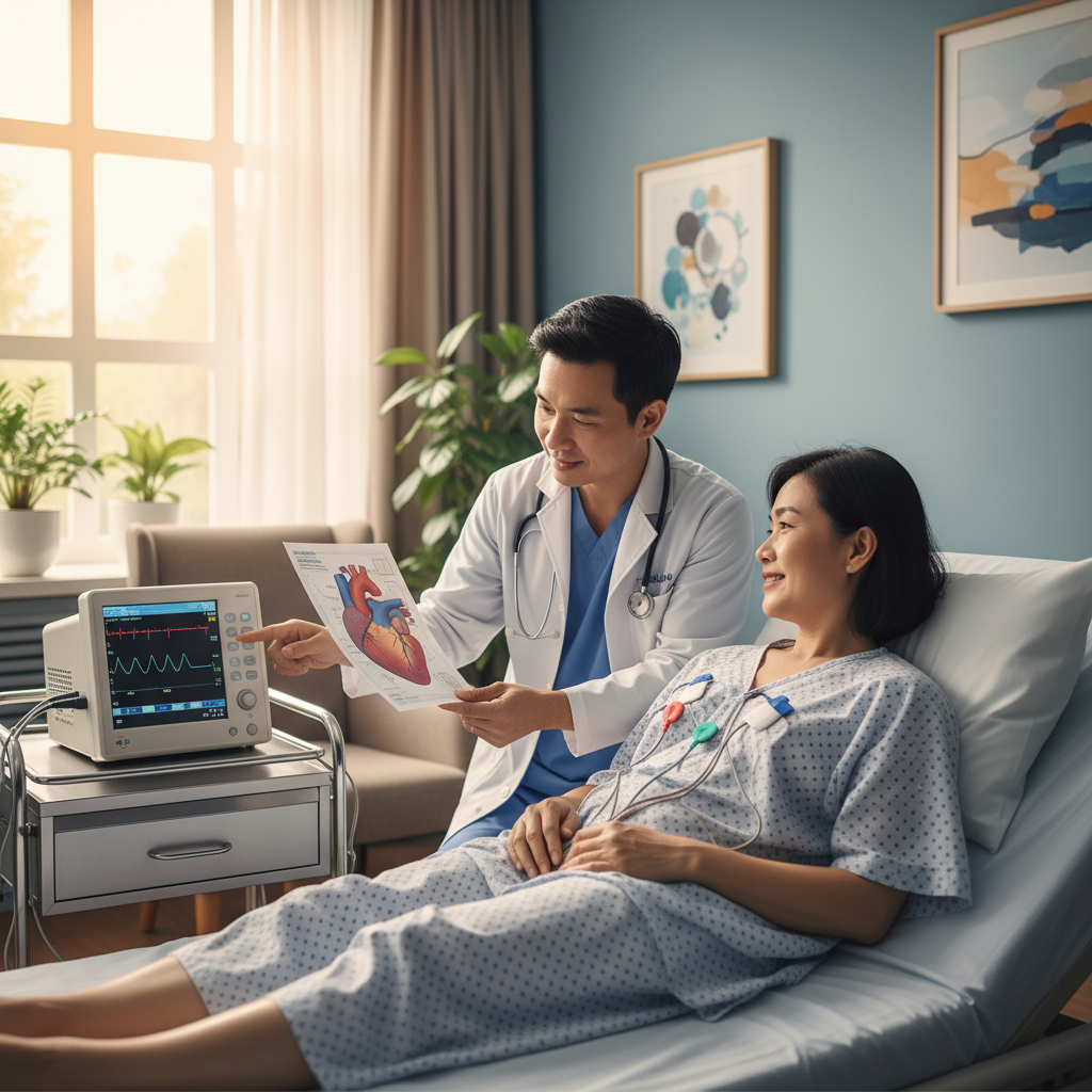 Hình ảnh người Việt trung niên thực hiện xét nghiệm điện tâm đồ tại bệnh viện với bác sĩ hỗ trợ tận tình