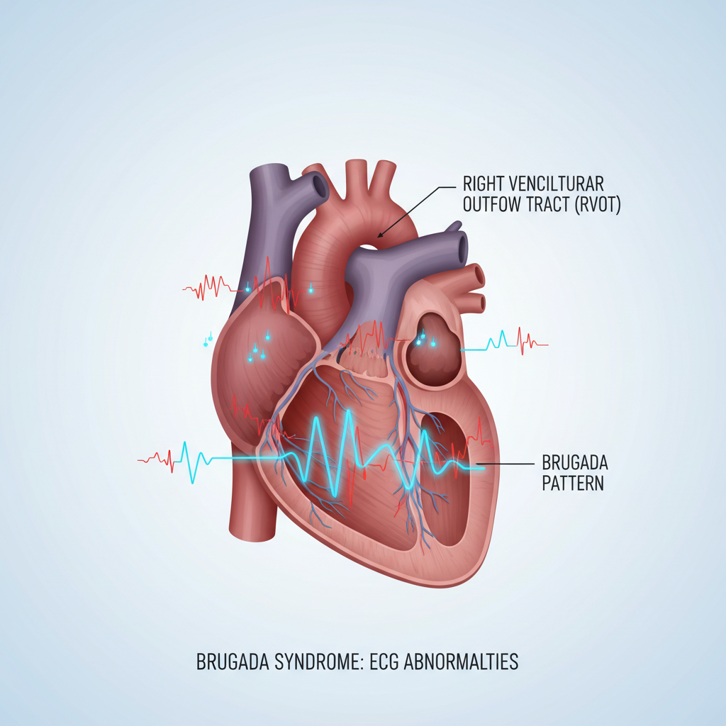 Hình minh họa trái tim với tín hiệu điện bất thường liên quan đến hội chứng Brugada