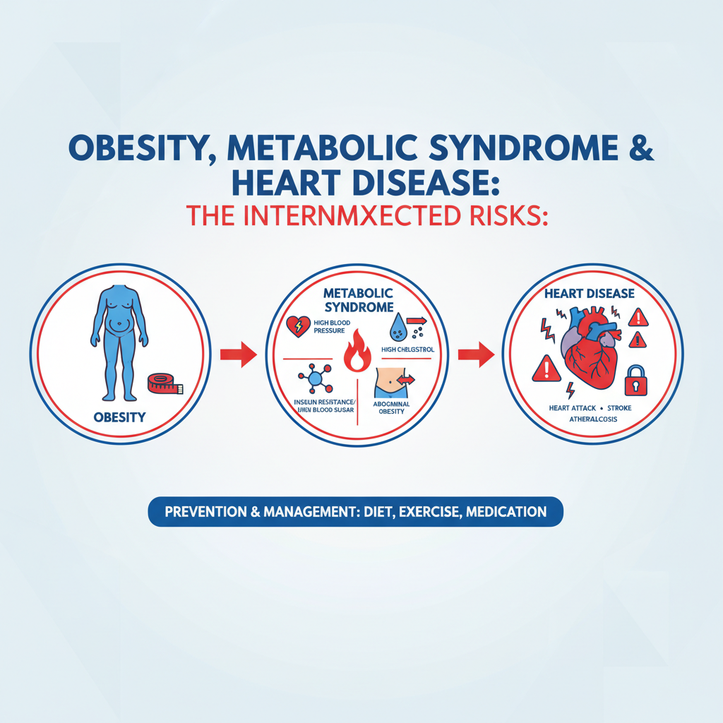 Infographic minh họa mối liên hệ giữa béo phì, hội chứng chuyển hóa và bệnh tim mạch với các biểu tượng cảnh báo.