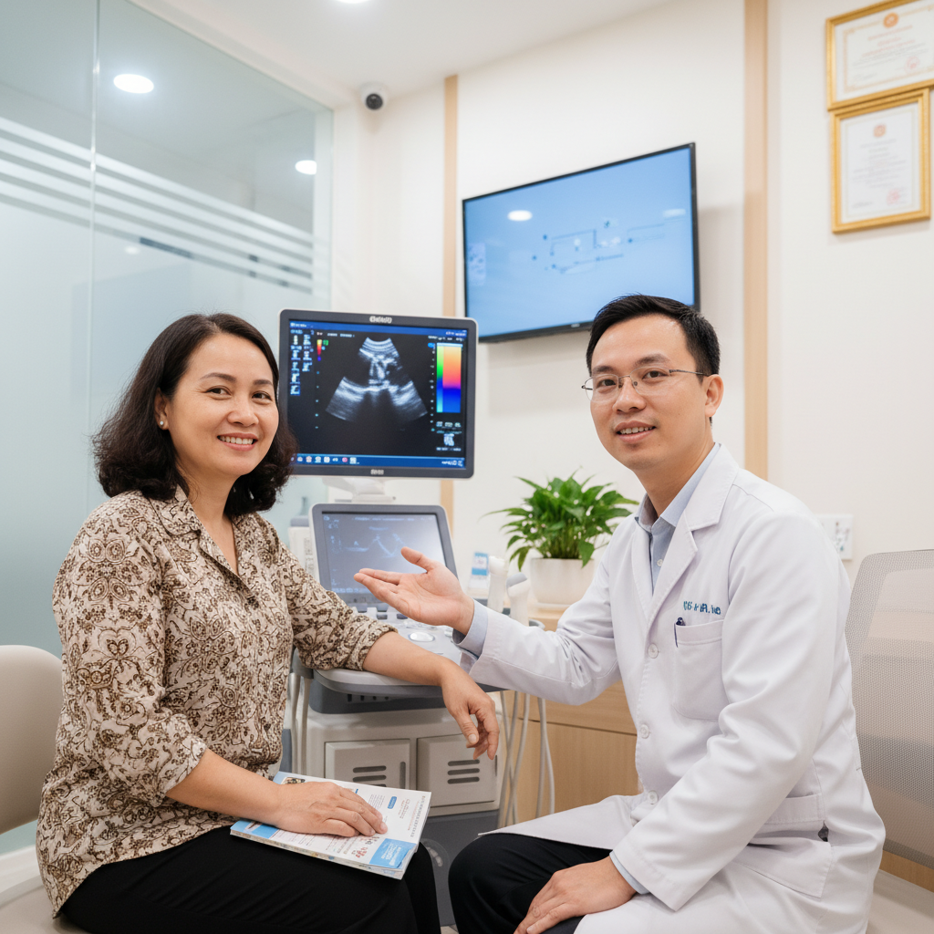 Hình ảnh bệnh nhân trò chuyện với bác sĩ tim mạch tại phòng khám hiện đại