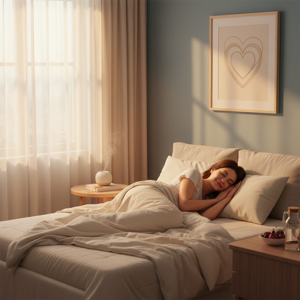 Người lớn ngủ ngon giấc trong phòng ngủ ấm cúng để bảo vệ tim mạch