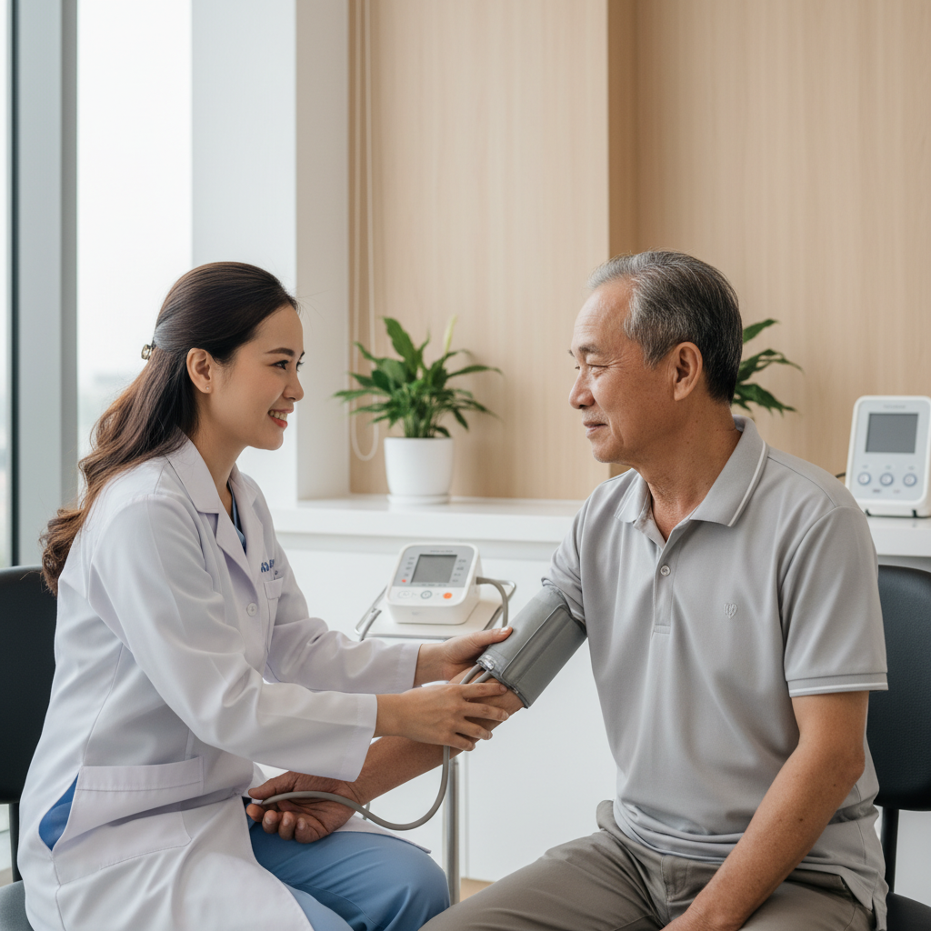Bác sĩ kiểm tra huyết áp cho bệnh nhân tại phòng khám ở Việt Nam