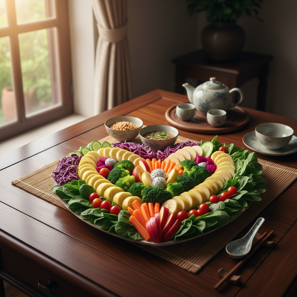 Đĩa rau xanh và trái cây tươi ngon hỗ trợ sức khỏe tim mạch
