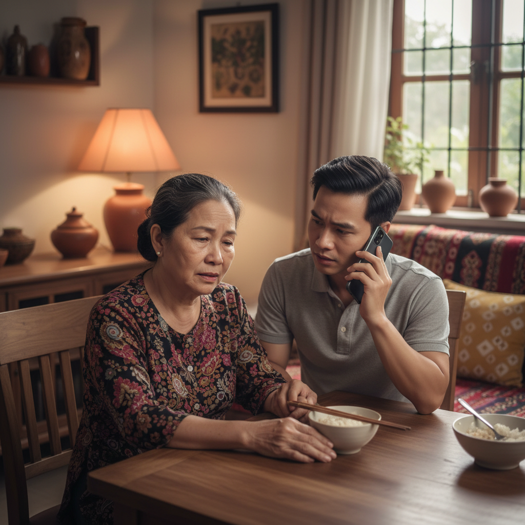 Hình ảnh người Việt Nam có dấu hiệu đột quỵ được người thân hỗ trợ
