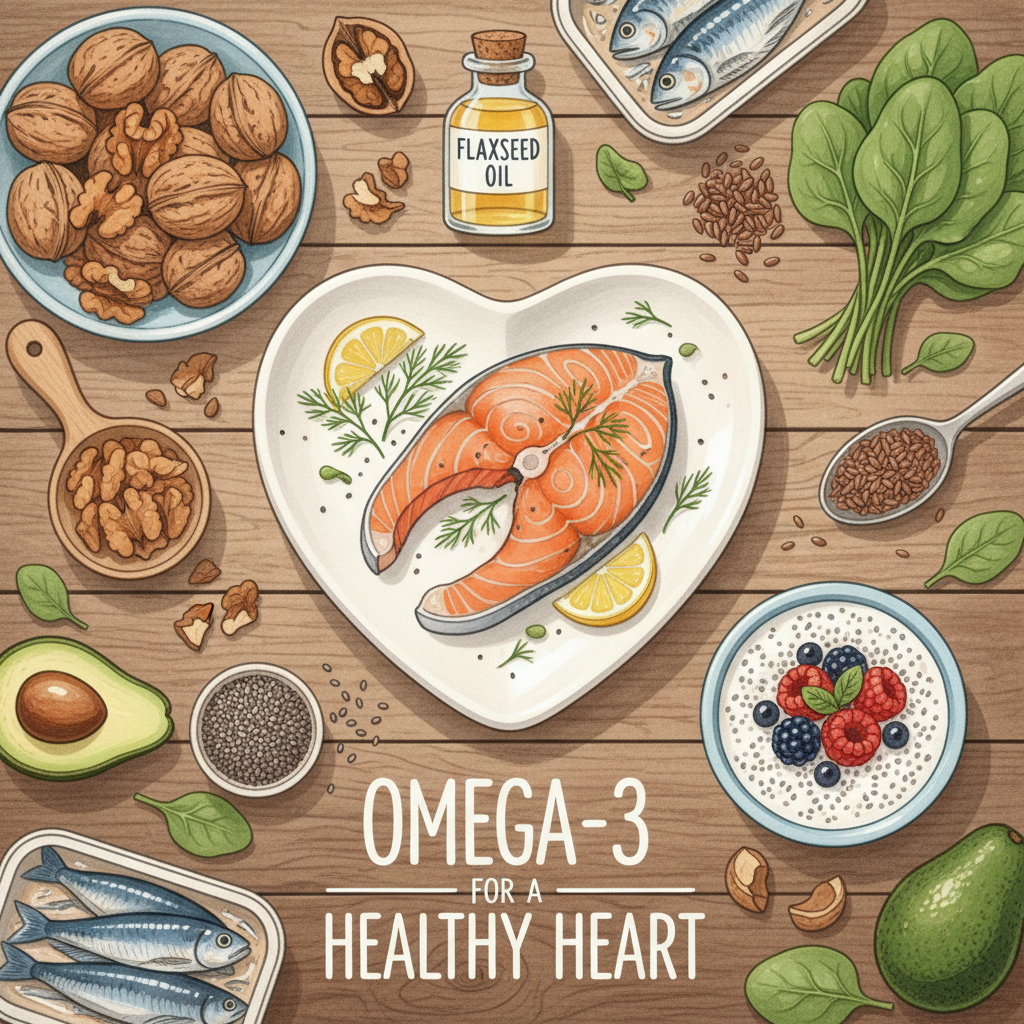 Hình ảnh minh họa các thực phẩm giàu Omega-3 tốt cho tim mạch như cá hồi, óc chó và hạt chia.