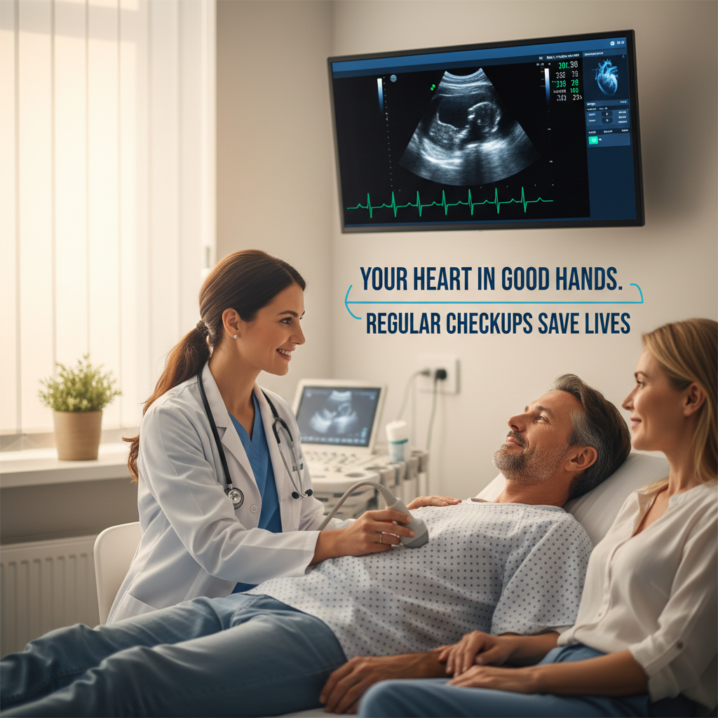 Hình ảnh bác sĩ thực hiện siêu âm tim để kiểm tra sức khỏe định kỳ