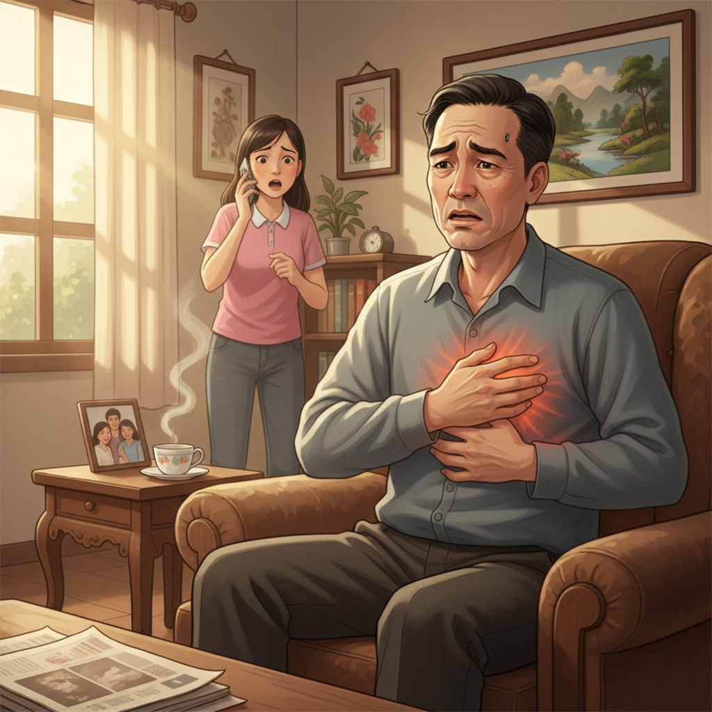 Hình minh họa người đàn ông trung niên đau tức ngực, dấu hiệu cảnh báo bệnh tim mạch