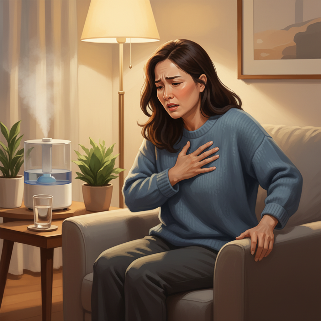 Hình minh họa phụ nữ khó thở, dấu hiệu cảnh báo vấn đề tim phổi
