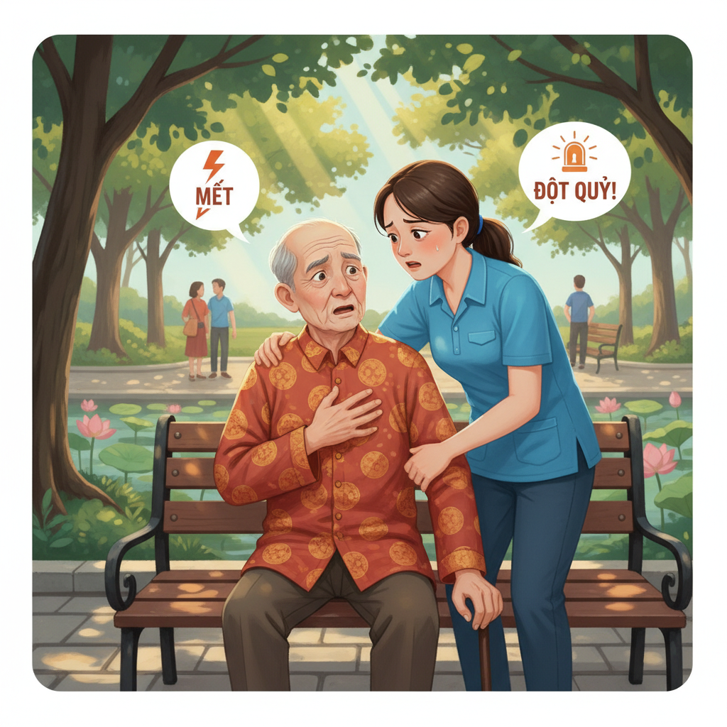 Hình minh họa người cao tuổi tê yếu tay chân, dấu hiệu cảnh báo đột quỵ