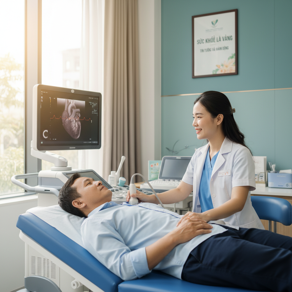 Bác sĩ thực hiện siêu âm tim cho bệnh nhân tại phòng khám hiện đại