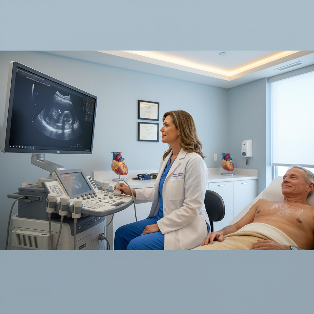 Hình ảnh bác sĩ tim mạch kiểm tra sức khỏe tim cho bệnh nhân bằng siêu âm