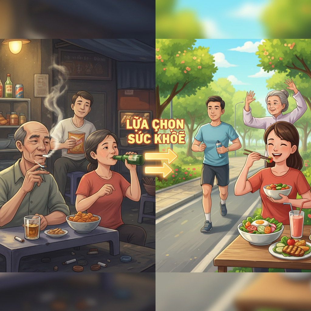 Hình ảnh so sánh lối sống không lành mạnh và lành mạnh ở người lớn Việt Nam