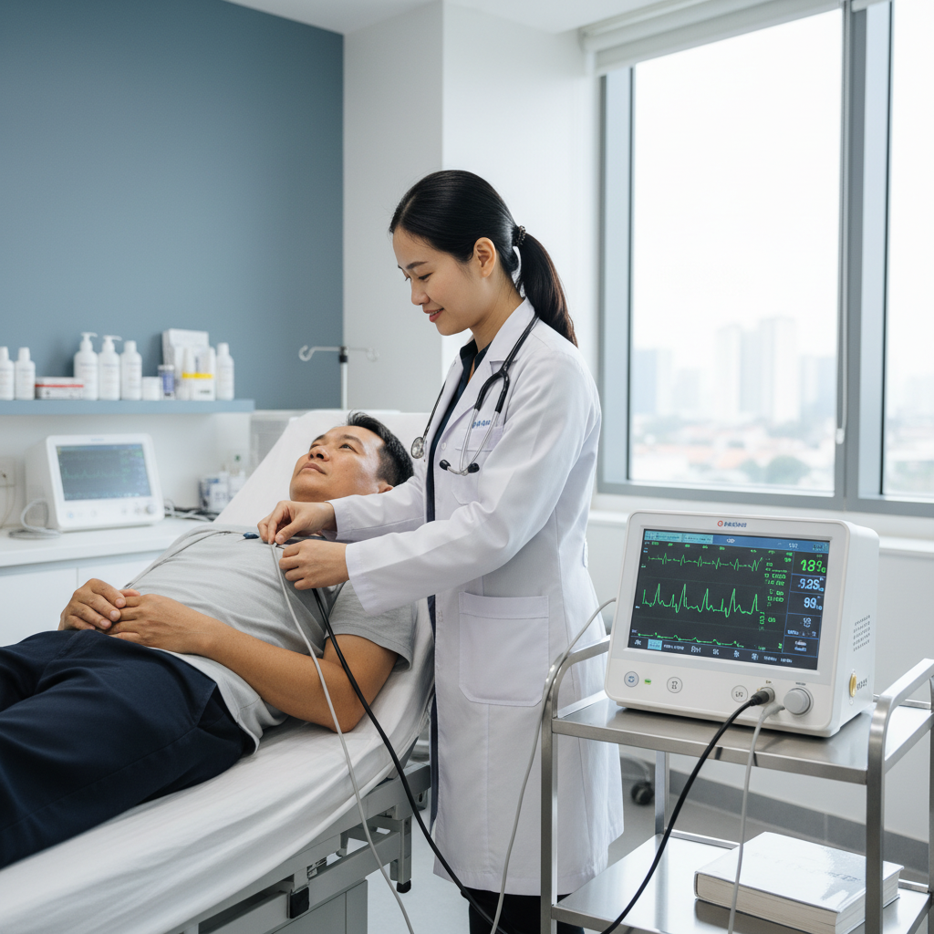 Hình ảnh bác sĩ thực hiện xét nghiệm điện tâm đồ cho bệnh nhân tại phòng khám