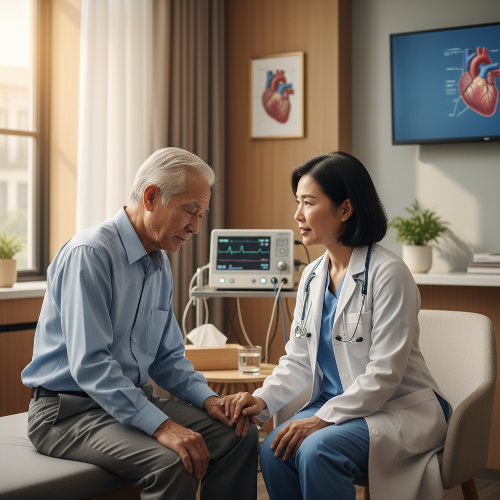 Người cao tuổi Việt Nam tư vấn với bác sĩ tim mạch tại phòng khám hiện đại