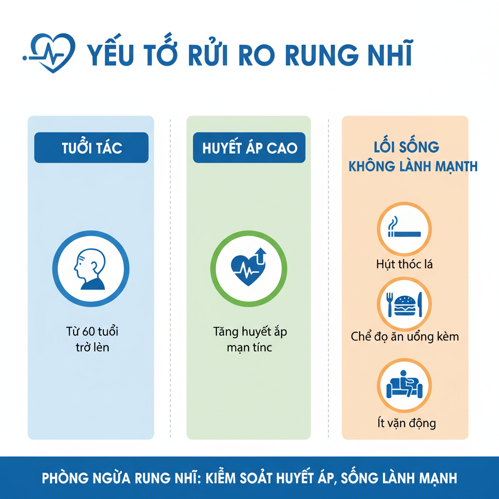 Infographic về các yếu tố nguy cơ gây rung nhĩ như tuổi tác và tăng huyết áp