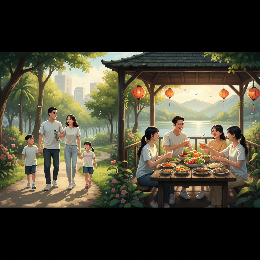 Hình ảnh gia đình Việt Nam thực hiện lối sống lành mạnh để phòng ngừa đau ngực