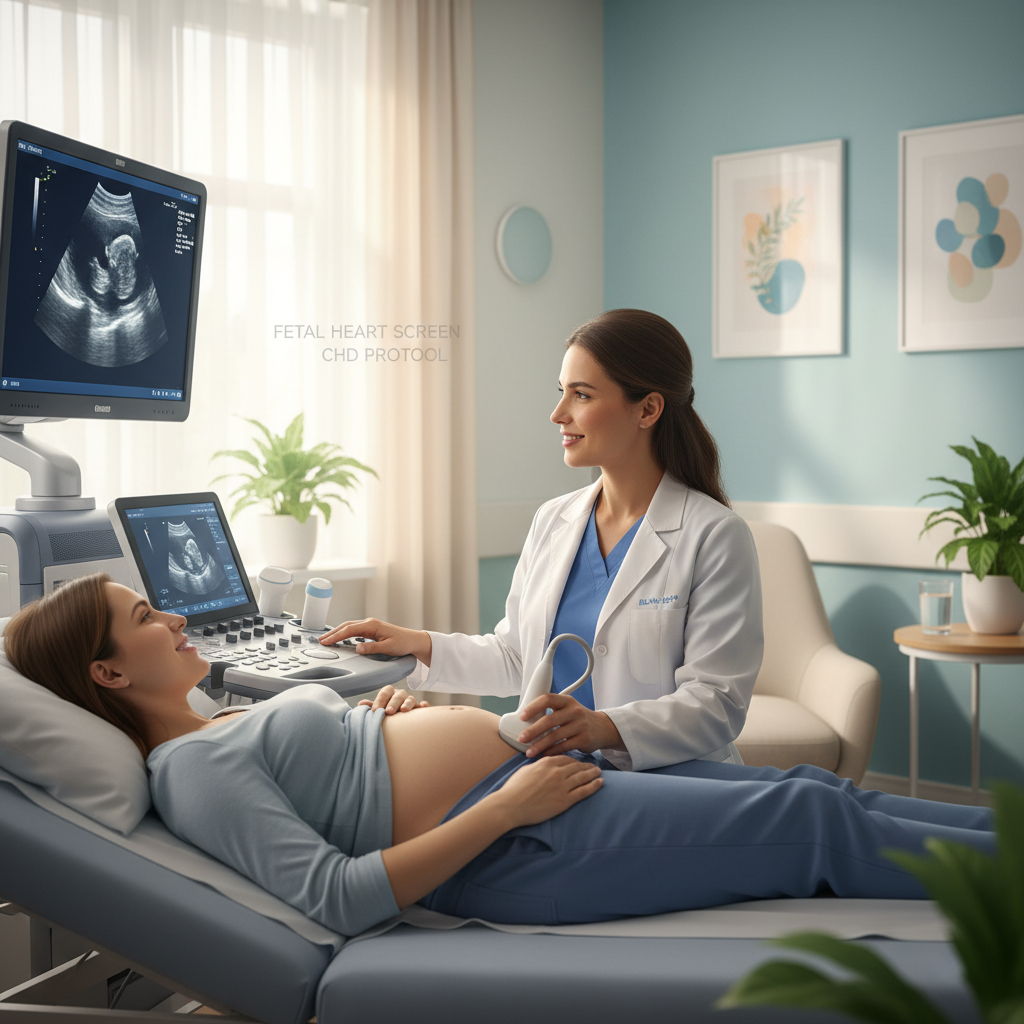 Hình ảnh bác sĩ siêu âm thai nhi để kiểm tra dị tật tim bẩm sinh trong môi trường bệnh viện ấm áp