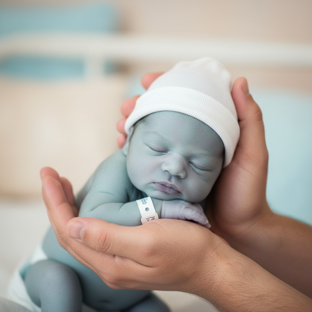 Hình ảnh trẻ sơ sinh với da tím tái, dấu hiệu của chuyển vị đại động mạch, được cha mẹ ôm ấp.